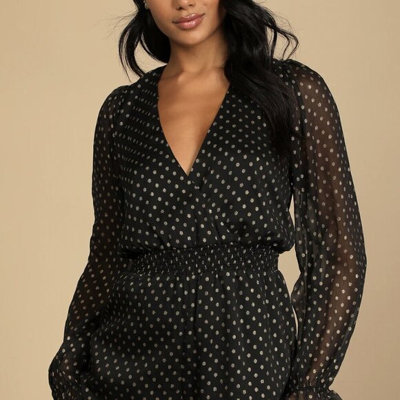 NWT Lulus Called For a Toast Black and Gold Dot Long Sleeve Romper (size S) - Picture 1 of 9